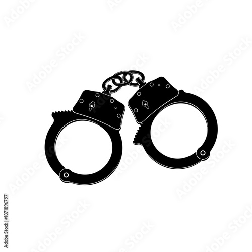 Black and white illustration of open metal handcuffs symbolizing restriction