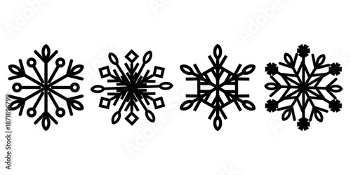 Minimal black snowflake icon set featuring various winter crystal shapes. Clean vector style suitable for seasonal design holiday graphics stickers UI icons prints and decorative elements