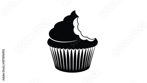 Black cupcake with swirled frosting in a white wrapper white white with illustration and food and dessert Silhouette vector on whit Background