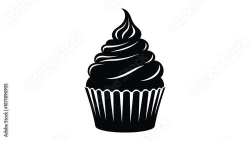 Black cupcake with swirled frosting in a paper wrapper white with illustration and icon and symbol and graphic Silhouette vector on whit Background
