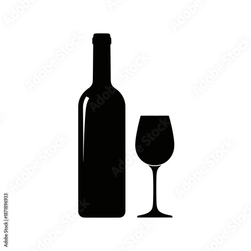 A simple black silhouette of a wine bottle and a wine glass