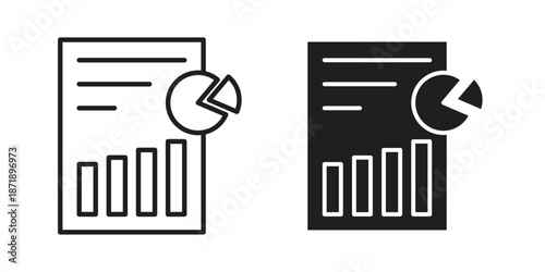 Analytics report icons in a black filled and outlined style. Set of vector icons