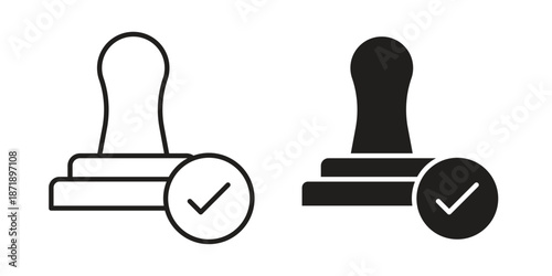 Approval stamp icons in a black filled and outlined style. Set of vector icons