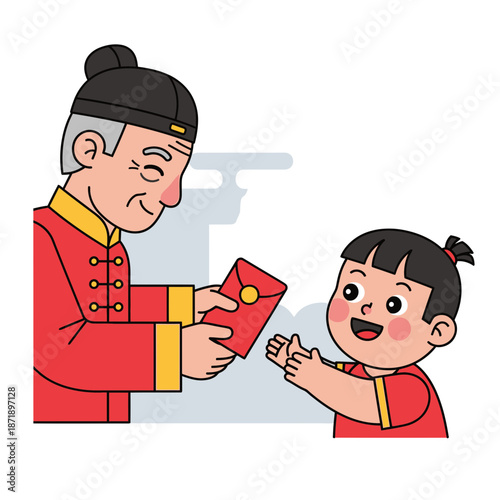 Elderly man in traditional Chinese attire giving a red envelope to a happy young girl during a celebration.