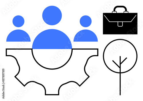 Teamwork, business strategy, environmental sustainability, productivity, workforce management, collaboration. Gear with people icons, briefcase and tree symbol. Teamwork and business strategy