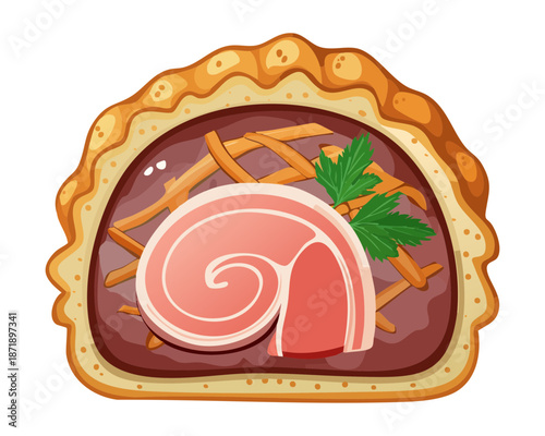 Handcrafted savory pie filled with seasoned meat and herbs for rustic bakery and culinary blog content Vector Illustration