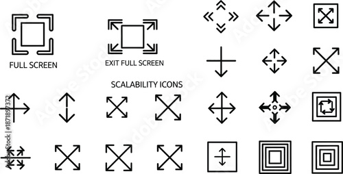 Large big screen display icon set. Compact, scalability, arrow mark, full screen, display screen size inch, Minimize and maximize, small and big display lcd line icons