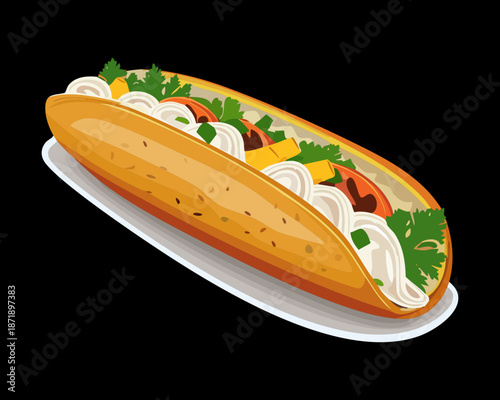 Long baguette sandwich with fresh fillings for quick snack and bakery lunch menu branding and marketing Vector Illustration
