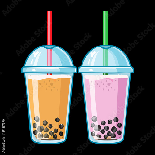 Variety of bubble tea flavors in clear cups for trendy beverage shop and young audience marketing Vector Illustration