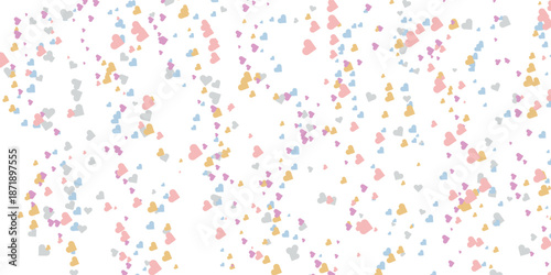 Colorful heart shape confetti scattered across the top of a plain white background with pastel hues
