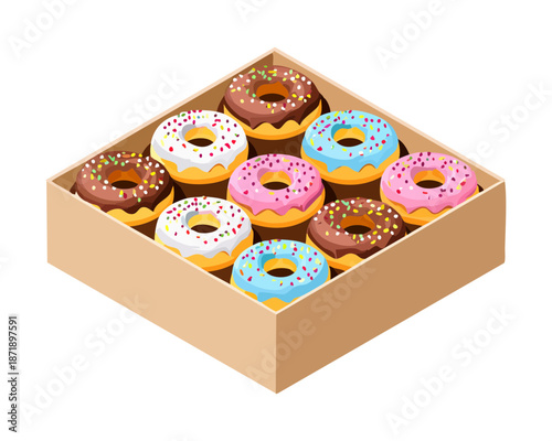 Delicious donuts in a wooden tray for rustic bakery and gourmet dessert menu display and advertising Vector Illustration