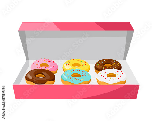 Pink donut box with a variety of sweet treats for anniversary gift and bakery shop branding Vector Illustration