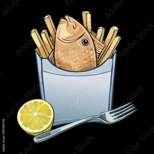 Delicious golden fried fish with crispy french fries served in a paper box with lemon and fork - Vector Illustration