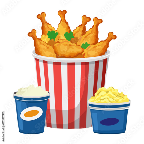 Bucket of golden fried chicken pieces with mashed potatoes and salad sides for sharing dinner meal - Vector Illustration