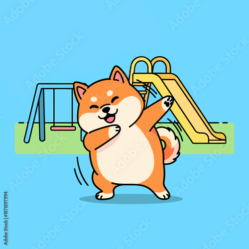 Cute Shiba Inu Dog Dancing on Playground.