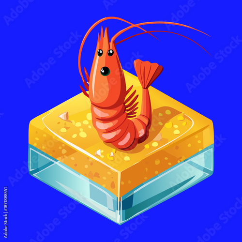 Gourmet cooked shrimp served on a yellow mousse base for a luxury seafood appetizer or snack meal - Vector Illustration