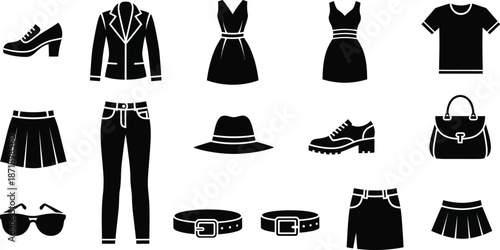 Fashion and garment vector icon set. Collection of clothing symbols for stock. Includes dress, t-shirt, hanger, and cotton plant icon. Apparel and textile concept design.