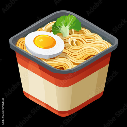 Ramen noodle soup with boiled egg and green vegetables in a square bowl for traditional asian dinner - Vector Illustration