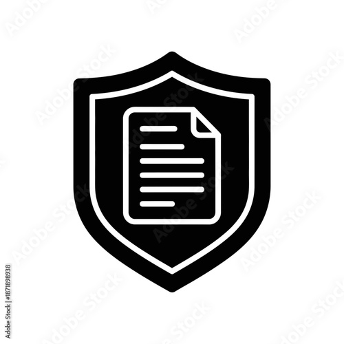 Simple black and white outline icon representing digital document security and data protection symbolized by a shield guarding a paper file on transparent background