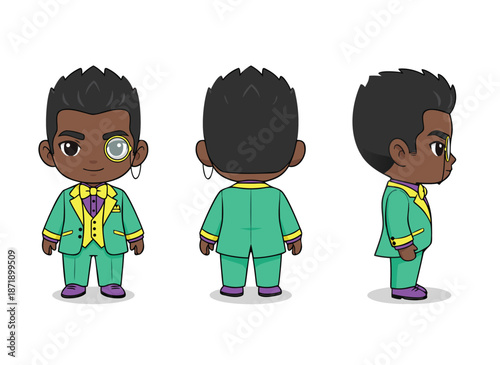 Chibi Style Character Design of a Black Man in a Green Suit.
