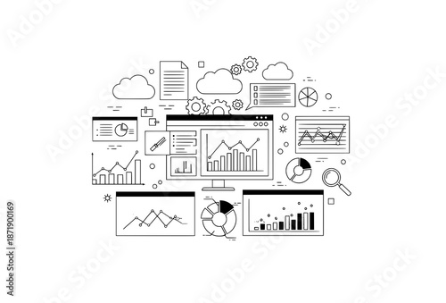 Business data analysis dashboard vector illustration with charts graphs and process management icons