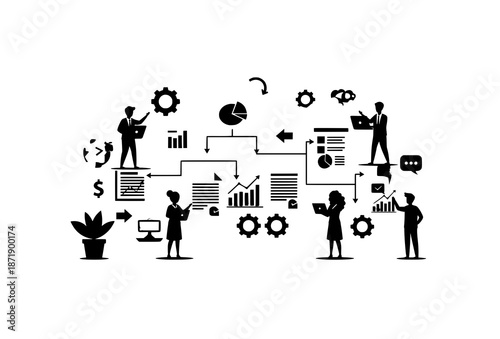 Isometric data analysis and business process workflow vector illustration with analytics icons