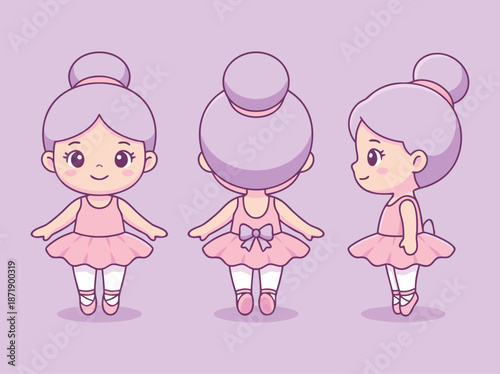 Cute Ballerina Character Design From Three Angles.