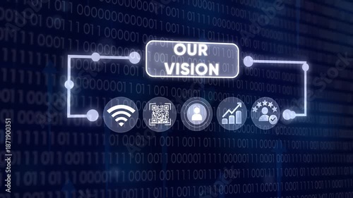 Digital data background with glowing flowchart and icons representing vision and strategy