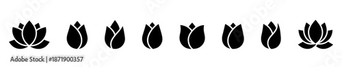 Set of black lotus and tulip bud icons in different stages of blooming, vector