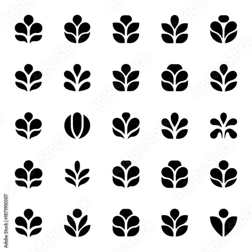 Set of 20 black botanical leaf and floral icons or symbols in various stylized shapes for design projects