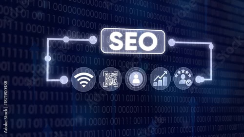 Digital transformation concept with animated seo typography and glowing binary code backdrop illustrating business search engine optimization and online marketing