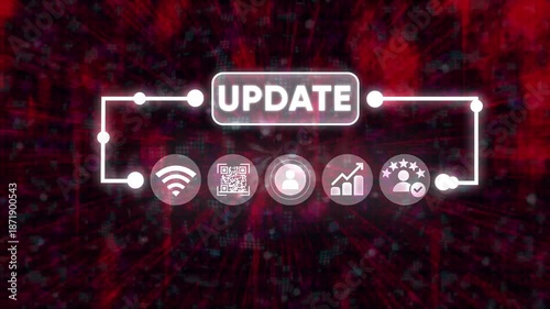 Digital system update concept with futuristic interface on red tech background featuring glowing icons and dynamic motion