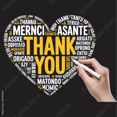 Hand thank you heart with multilingual words in yellow and white