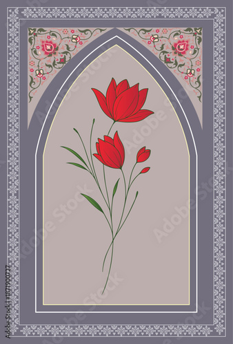 Mughal arch illustration, Mughal Flower Plant Vector Illustration with Ornamental Floral Motifs, 
