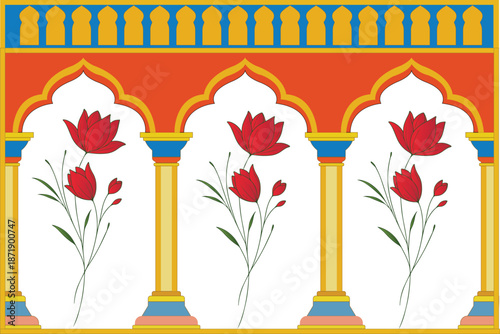 Mughal arch illustration, Mughal Flower Plant Vector Illustration with Ornamental Floral Motifs, Beautiful Mughal arch