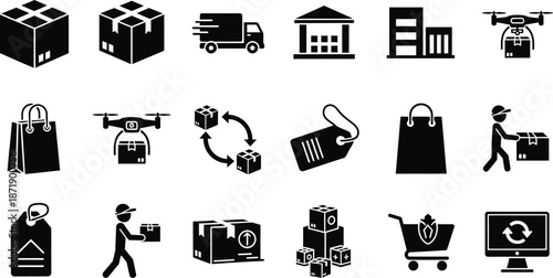 Shopping and e-commerce solid icon set, including cart, online security, delivery, store, tag, global internet, payment, and shopping bag icons, vector cartoon illustration