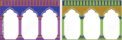  Mughal arch illustration, Mughal Flower Plant Vector Illustration with Ornamental Floral Motifs, Beautiful Mughal arch, palace, peacocks, parrot, garden, mountain illustration for wallpaper.