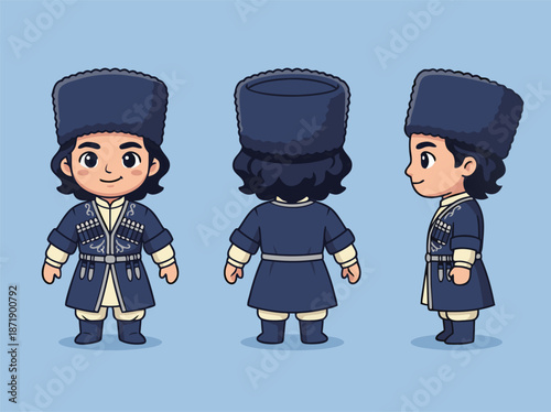 Cute Cartoon Boy in Traditional Georgian Chokha Costume.