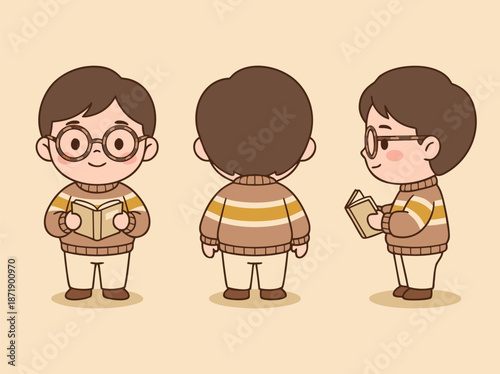 Cute cartoon boy wearing glasses reading a book from different angles.