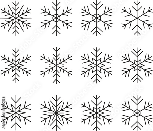 Twelve black and white snowflakes in a grid pattern