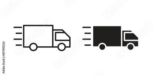 Fast shipping delivery truck icons in a black filled and outlined style. Set of vector icons