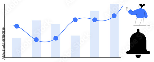 Business analytics, performance tracking, market trends, data visualization, notifications, teamwork. A chart with a trendline, bar graph and bell icon. Business analytics and performance tracking