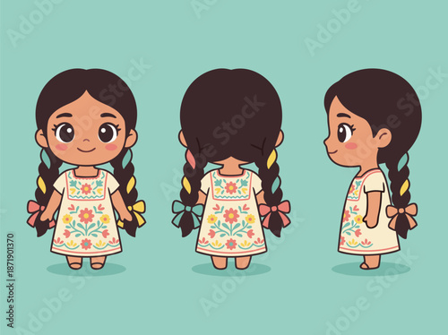 Cute Cartoon Girl in Traditional Mexican Dress.