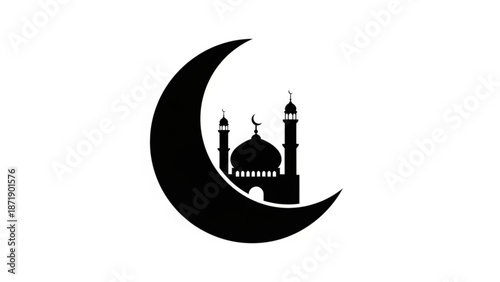 Islamic Mosque Silhouette inside Crescent Moon on White Background