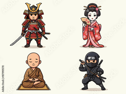 Cute Cartoon Japanese Characters Set.