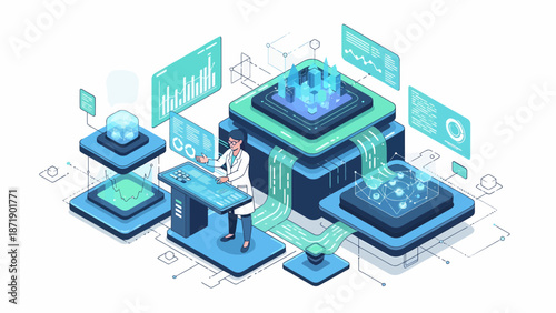 Isometric Data Analysis and Processing System Illustration.