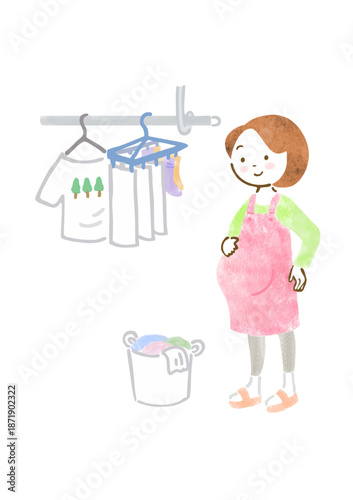 洗濯物を干すエプロン姿の妊婦さんのイラスト