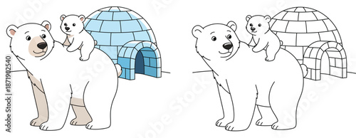 Adorable vector illustration of a polar bear mother carrying her little cub on her back next to an igloo with a black and white outline for a coloring book page