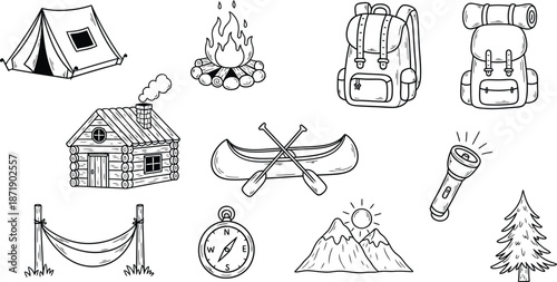 Set hand drawn doodle camping elements. Camping and hiking items. Outdoor recreation concept. Tent, campfire, boat, guitar, bagpack, stars, telescope, map. Flat vector illustration on white background