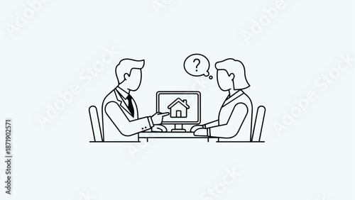Real estate agent showing house on computer to client.